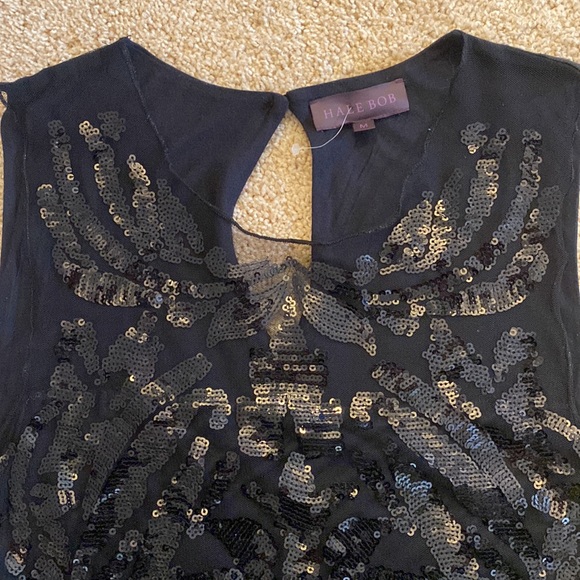 NEW HALE BOB BLACK SEQUIN DRESS LIGHT KNIT BACK SLEEVELESS LINED FRONT PATTERN - Picture 5 of 11